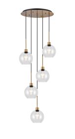 DK1192  Lori 45cm Round Pendant, 5 Light Adjustable E27, Antique Gold/Clear Open Mouth Round Globe Shades